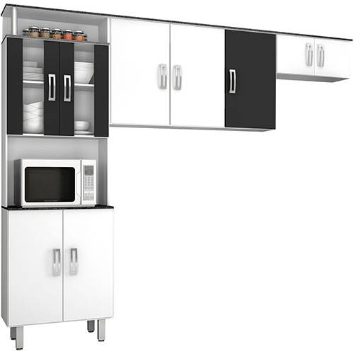 Cozinha Compacta Poliman Suíça Branco/Preto 3 Peças: Paneleiro Duplo, Armário Triplo e Armário Geladeira