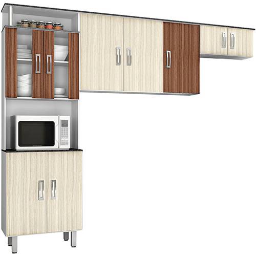 Cozinha Compacta Poliman Suíça Branco/Rovele/Amêndoa 3 Peças: Paneleiro Duplo, Armário Triplo e Armário Geladeira