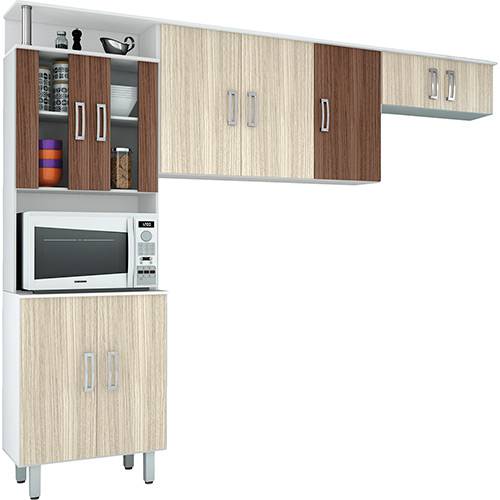 Cozinha Compacta Poliman Suíça Branco/Rovere/Amêndoa 3 Peças: Paneleiro, Aéreo e Armário Geladeira