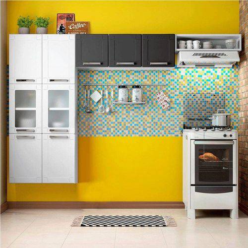 Cozinha Compacta Sem Balcão com 2 Vidros 3 Peças Múltipla Branco Preto - Bertolini