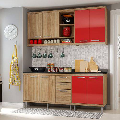 Cozinha Compacta Sicília 4 Peças 5819 Multimóveis Argila com Vermelho