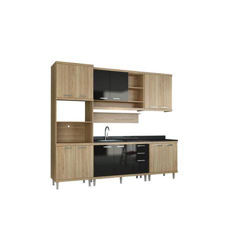 Cozinha Compacta Sicília 5814-S8 com Balcão Duplo e Tampo Argila/Preto Brilho - Multimóveis