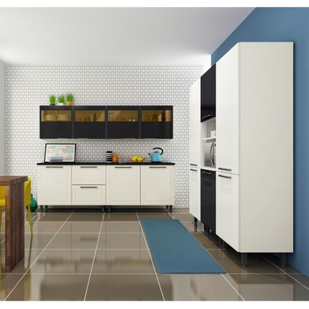 Cozinha Completa 7 Peças 11 Portas 4 Vidro 2 Gavetas - Branco com Preto Texturizado - Black&White