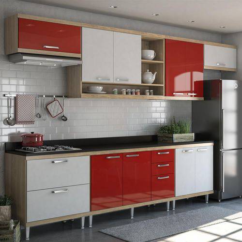 Cozinha Completa 8 Módulos Sicília S1T Multimóveis Argila/Vermelho/ Branco