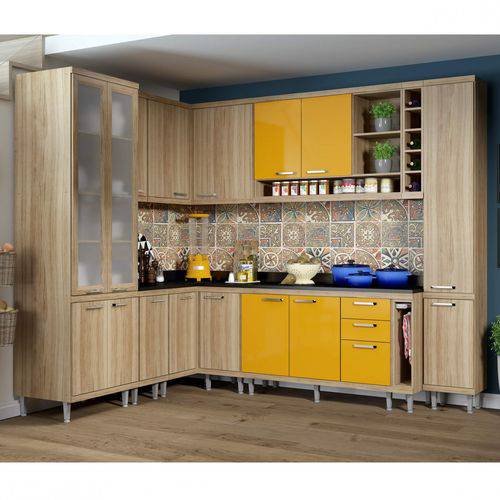Cozinha Completa com Balcão com Tampo 11 Peças 16 Portas Sicília Multimóveis Argila/Amarelo
