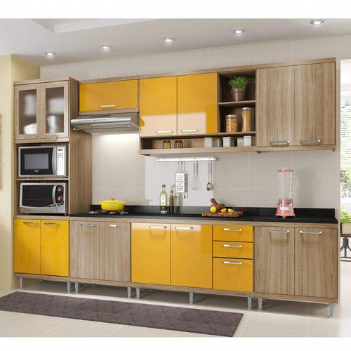 Cozinha Completa com Balcão com Tampo 8 Peças 15 Portas Sicília Multimóveis Argila/Amarelo