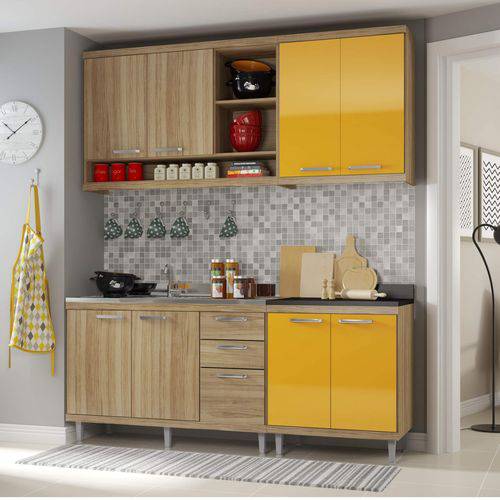 Cozinha Completa com Balcão Sem Tampo 4 Peças 8 Portas Sicília Multimóveis Argila/Amarelo