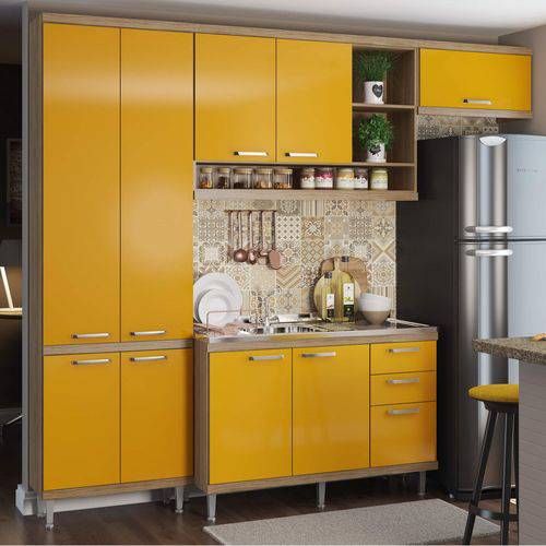 Cozinha Completa com Balcão Sem Tampo 4 Peças 9 Portas Sicília Multimóveis Argila/Amarelo