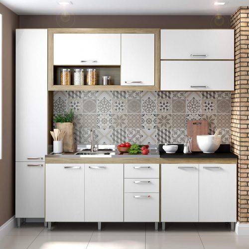 Cozinha Completa com Balcão Sem Tampo 6 Peças 10 Portas Toscana Multimóveis Argila/Branco/Preto