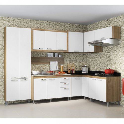 Cozinha Completa com Balcão Sem Tampo 8 Peças 16 Portas Toscana Multimóveis Argila/Branco/Preto