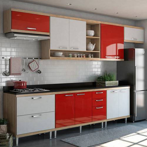 Cozinha Completa com Tampo 10 Portas 5801 Argila/Branco/Vermelho - Multimóveis
