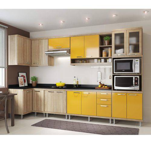 Cozinha Completa com Tampo 15 Portas 8 Peças Sicília Multimóveis Argila/Amarelo