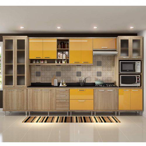 Cozinha Completa com Tampo 17 Portas 9 Peças Sicília Multimóveis Argila/Amarelo