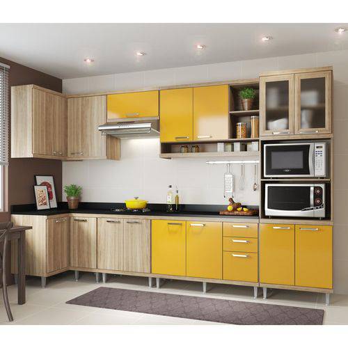 Cozinha Completa com Tampo 8 Peças Sicília Multimóveis Argila/Amarelo