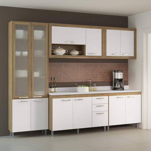 Cozinha Completa com Tampo e Vidro 12 Portas 6 Peças Toscana Multimóveis Argila/Branco