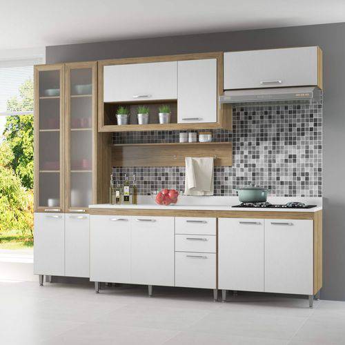 Cozinha Completa com Tampo e Vidro 11 Portas 7 Peças Toscana Multimóveis Argila/Branco