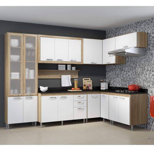 Cozinha Completa com Tampo e Vidro 16 Portas 9 Peças Toscana Multimóveis Argila/Branco/Preto