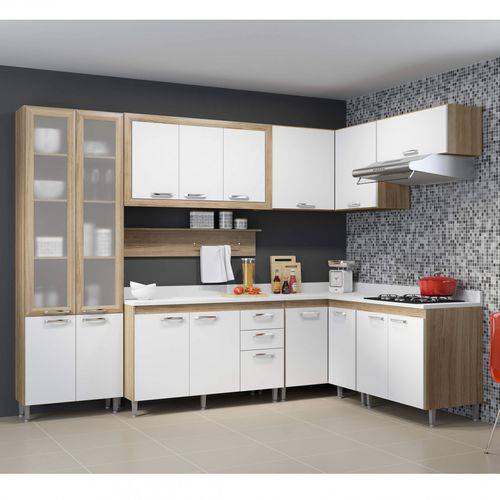 Cozinha Completa com Tampo e Vidro 16 Portas 9 Peças Toscana Multimóveis Argila/Branco