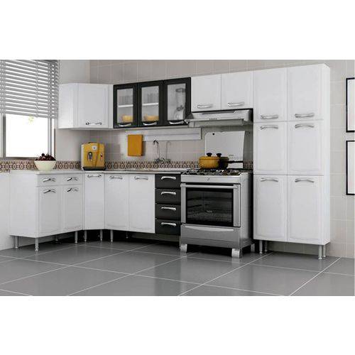 Cozinha Completa Itatiaia Premium Aço C/7 Pçs (Paneleiro+3 Armários+3 Balcões)- Branco C/Preto