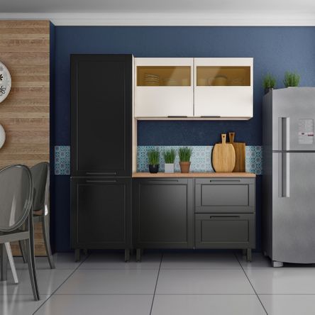 Cozinha Completa 3 Peças 5 Portas 2 Vidro 2 Gavetas - Preto com Branco Texturizado - Black&White