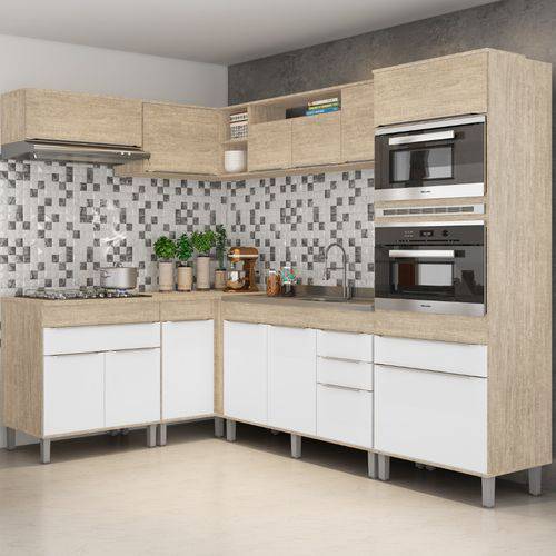 Cozinha Modulada Decibal Slim 13 Portas e 3 Gavetas - Acácia/Nature/Branco