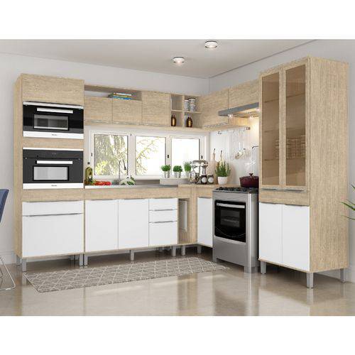 Cozinha Modulada Decibal Slim 15 Portas e 3 Gavetas - Acácia/Nature/Branco