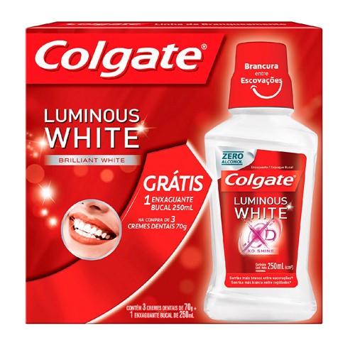 Creme Dental Colgate Luminous White 3 Unidades de 70g Cada + Grátis Enxaguante Bucal Luminous White 250ml