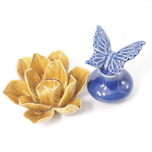 Decoração de Cerâmica Mirim Azul e Flor Irerê Amarela