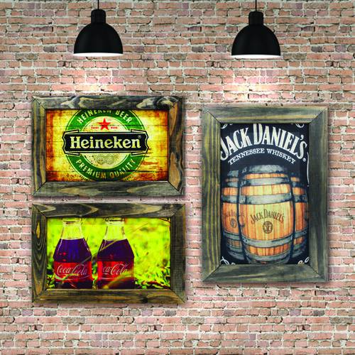 Decoração - Kit com 3 Quadros Decorativos 48x32cm Cada com Moldura em Madeira - Contém: 1 Quadro Cerveja Heineken, 1 Quadro Jack Daniels e 1 Quadro Coca-cola (quarto, Cozinha, Bar)