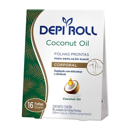 Depilador DepiRoll Coconut Oil Cera Fria para Virilha e Pernas Folhas Prontas com 16 Unidades (8 Pares)