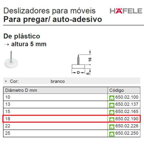 Deslizadores P/ Pregar D. 18X5mm Plástico (Branco) Bra - Häfele