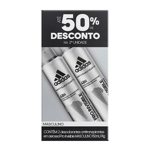 Desodorante Adidas PRO Invisible Aerosol Masculino 2 Unidades 150ml Cada 50% de Desconto na 2ª Unidade