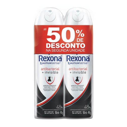 Desodorante Antitranspirante Rexona Antibacterial + Invisible Aerosol com 2 Unidades 150ml Cada + 50% Desconto na 2ª Unidade