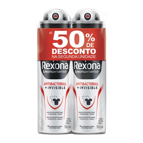 Desodorante Antitranspirante Rexona Men Antibacterial + Invisible Aerosol com 2 Unidades 150ml Cada + 50% Desconto na 2ª Unidade