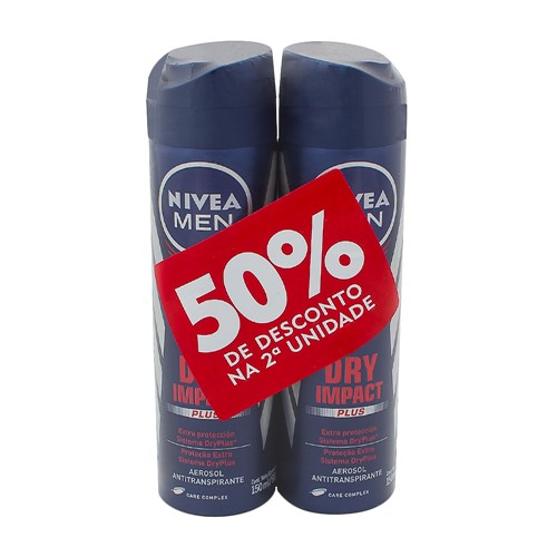 Desodorante Nivea For Men Dry Impact Plus Aerosol Antitranspirante 48h com 2 Unidades de 150ml Cada + 50% Desconto na 2ª Unidade