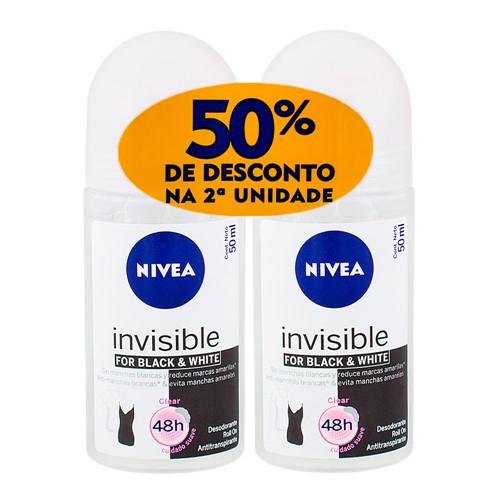 Desodorante Nivea Invisible For Black & White Clear Roll-on Antitranspirante 48h com 2 Unidades de 50ml Cada + 50% Desconto na 2ª Unidade