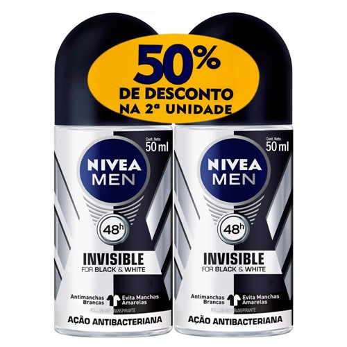 Desodorante Nivea Men Invisible For Black & White Roll-on Antitranspirante 48h com 2 Unidades de 50ml Cada + 50% Desconto na 2ª Unidade