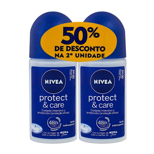 Desodorante Nivea Protect & Care Roll-on Antitranspirante 48h com 2 Unidades de 50ml Cada 50% Desconto na 2ª Unidade