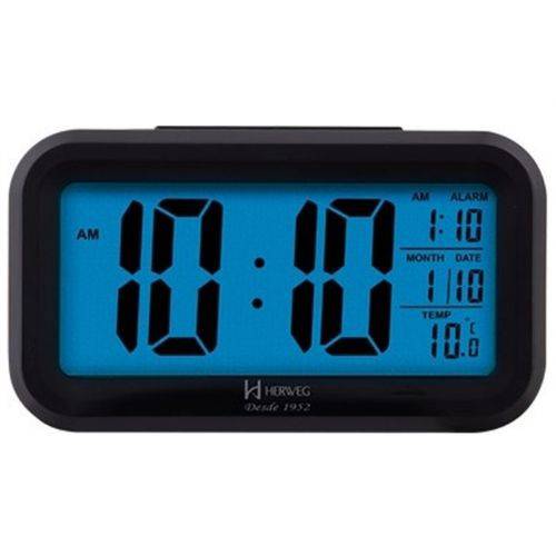 Despertador Digital Led Visor Azul Herweg com Luz Noturna Termometro e Calendario de Mesa Luxo