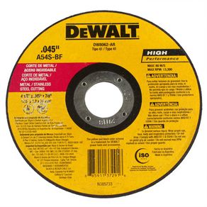 Disco Abrasivo para Corte 4-1/2 X .045 X 7/8" - Dewalt Disco Abrasivo Corte Fino Metal / Inox DW8062 - Dewalt