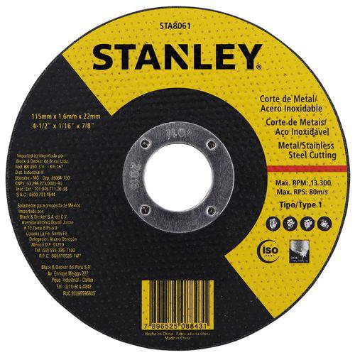 Disco de Corte 115mm Extra Fino 1mm Inox Sta8061 Stanley