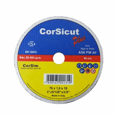 Disco de Corte CorSicut Plus Diâmetro 76mm Furo 10mm Espessura 1mm Aço e Aço Inox Made In Italy (Pequeno)