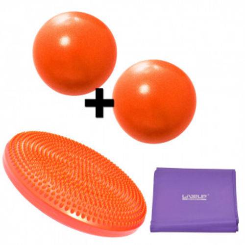 Disco Inflavel Equilibrio + 2 Overball para Pilates 25cm Laranja+ Faixa Elastica Media Liveup