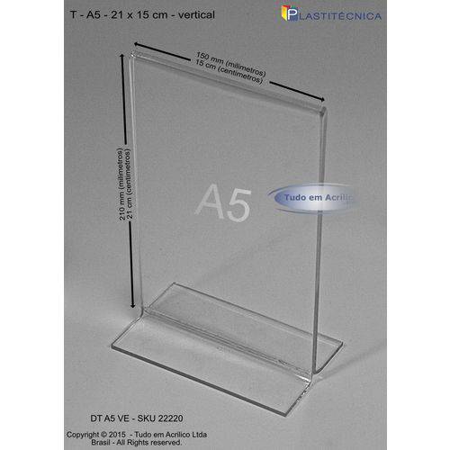 Display ou Porta Folha T em Acrílico A5 (21x15cm) Vertical