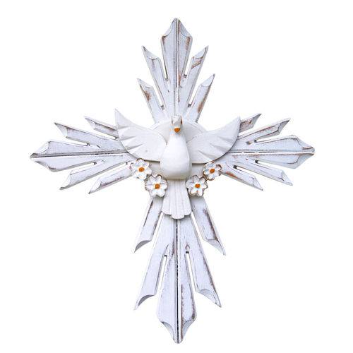 Divino Espírito Santo com Flores Cruz Madeira Pátina Branca Rústico (40x35)cm