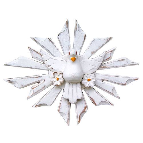 Divino Espírito Santo com Flores Oval Madeira Pátina Branca Rústico (21x28)cm