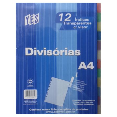 Divisórias para Fichário Universitários 12 Índices Transparentes Coloridas com Visor - Y.E.S