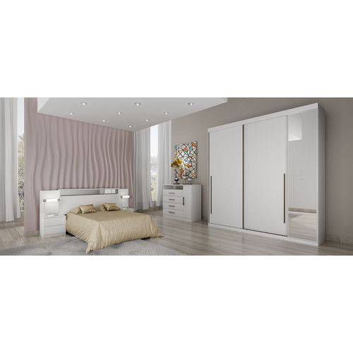Dormitório Casal Completo com Espelho 4 Portas e 12 Gavetas Branco Alto Brilho Scarpa Novo Horizonte