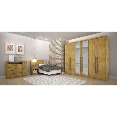 Dormitório Casal Completo com Espelho 7 Portas e 13 Gavetas Freijó Dourado Fosco Bari Novo Horizonte