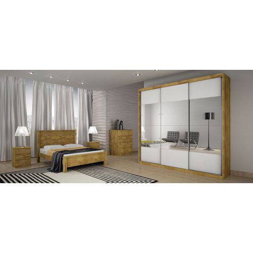 Dormitório Casal Completo com Espelho 3 Portas e 13 Gavetas Freijó Dourado/branco Fosco Horizon